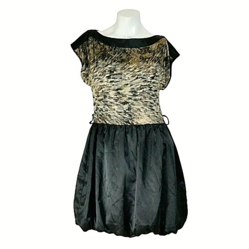 Blue Sketch Gold Metallic Black Satin Bubble Dress